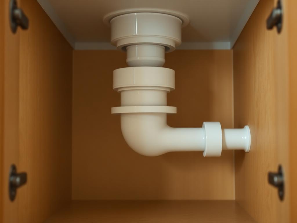 New white PVC P-trap and tailpiece installed under a kitchen sink with a dry, clean cabinet base in an illustrative example