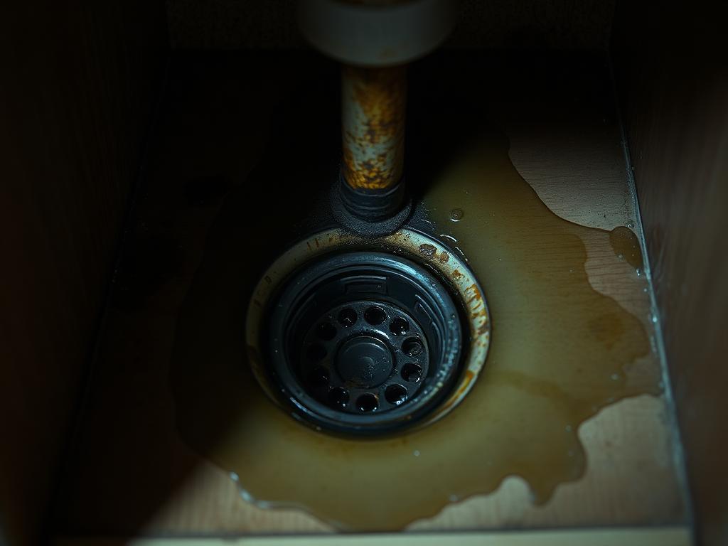 Corroded kitchen sink strainer and rusted tailpiece leaking water onto the stained cabinet base in an illustrative example
