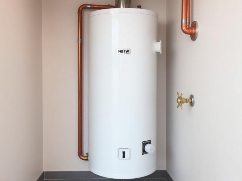 New white water heater installed with tidy copper supply lines and an accessible shutoff valve in an illustrative example