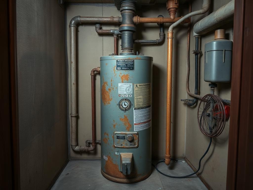 Old rusted water heater tank with corroded pipe connections in a dim garage utility closet in an illustrative example