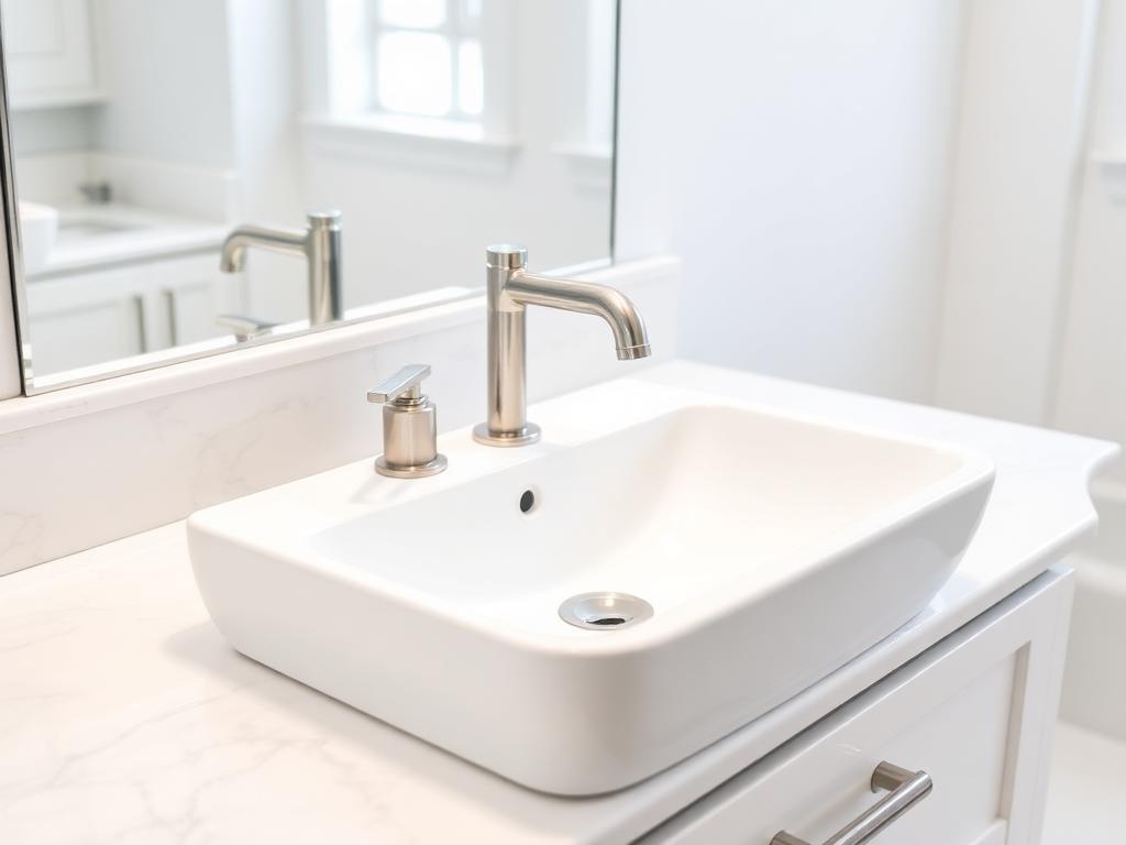 New brushed nickel bathroom faucet installed on a clean quartz vanity with a spotless white sink in an illustrative example