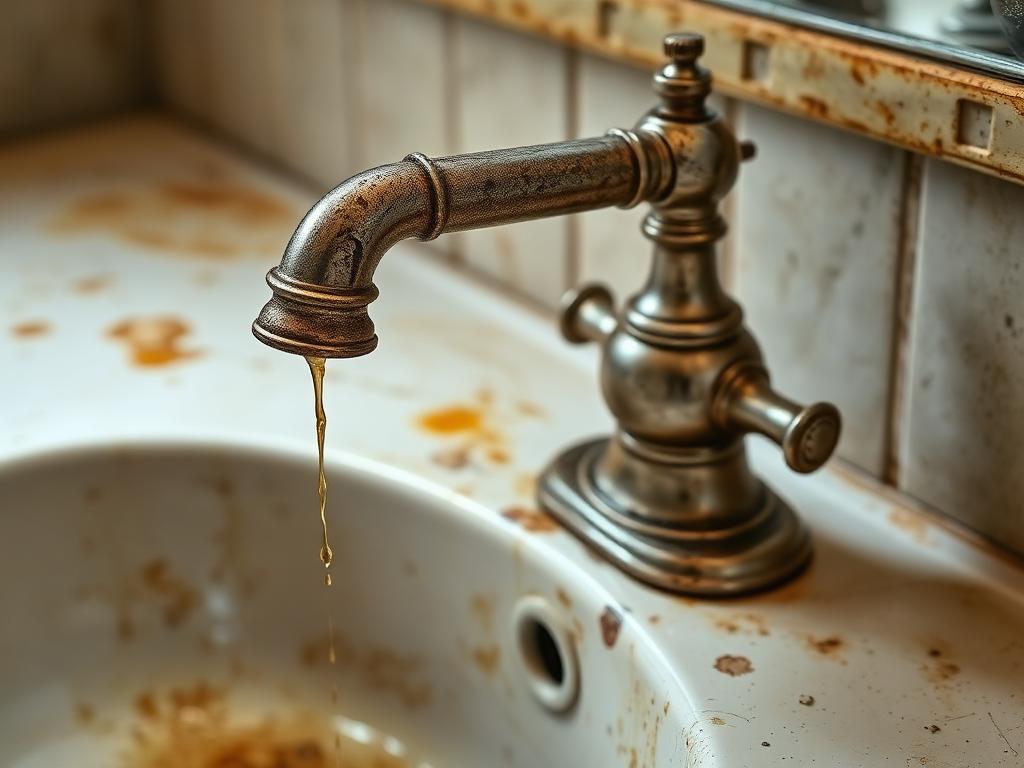 Worn tarnished bathroom faucet dripping onto a rust-stained sink basin with mineral buildup in an illustrative example
