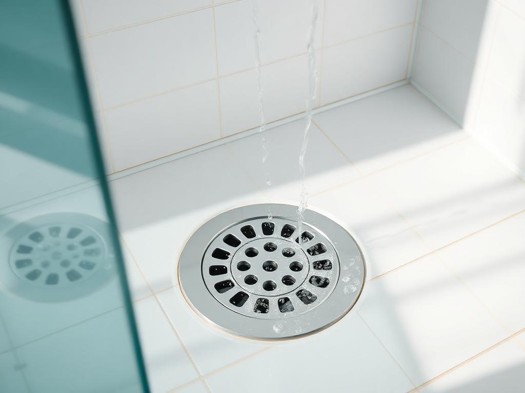 Clear shower drain with water flowing freely on a clean tiled shower floor after the line was cleared