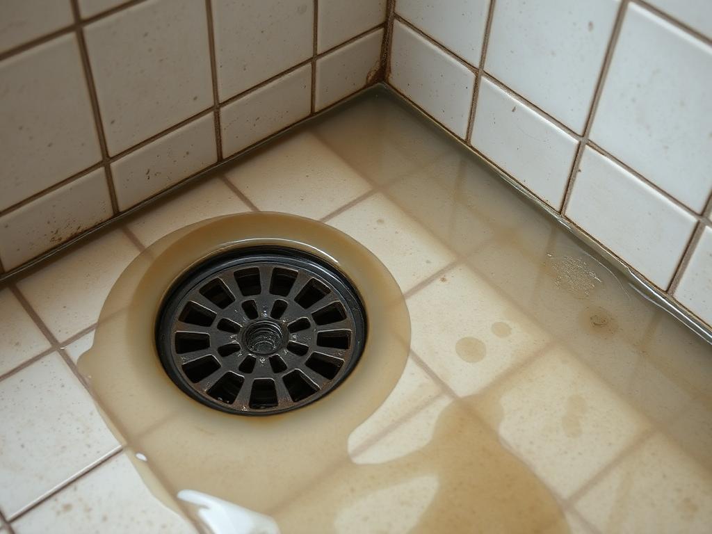 Blocked shower drain with standing dirty water pooling on dated tile floor before the line was cleared