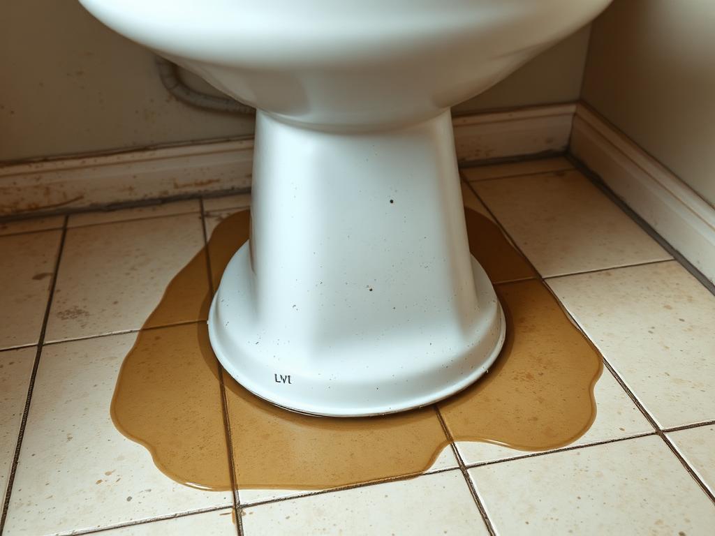 Water seeping from the base of an older toilet onto stained bathroom floor tile before the seal was replaced