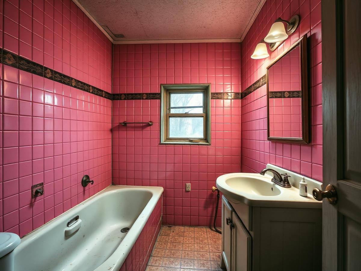 Before: dated hall bathroom with glossy pink wall tile, stained tub, dark vanity and worn tile floor