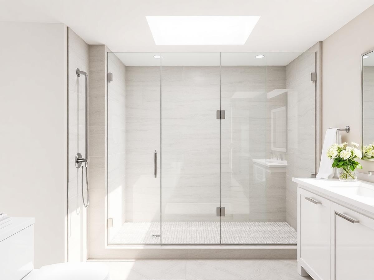 After: wide tiled walk-in shower with frameless glass doors, mosaic shower floor and white vanity