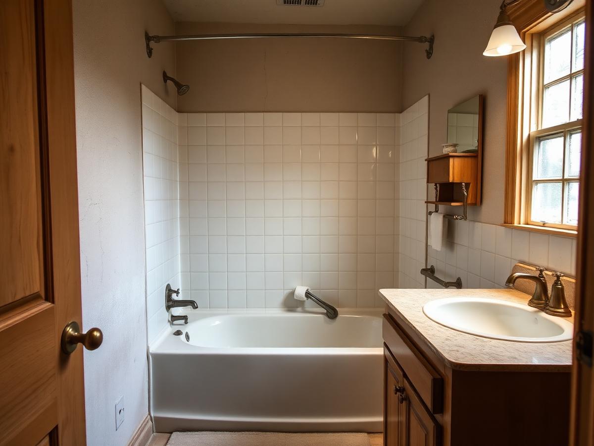 Before: cramped bathroom with a small tub, dated white square tile surround, wood vanity and brass fixtures