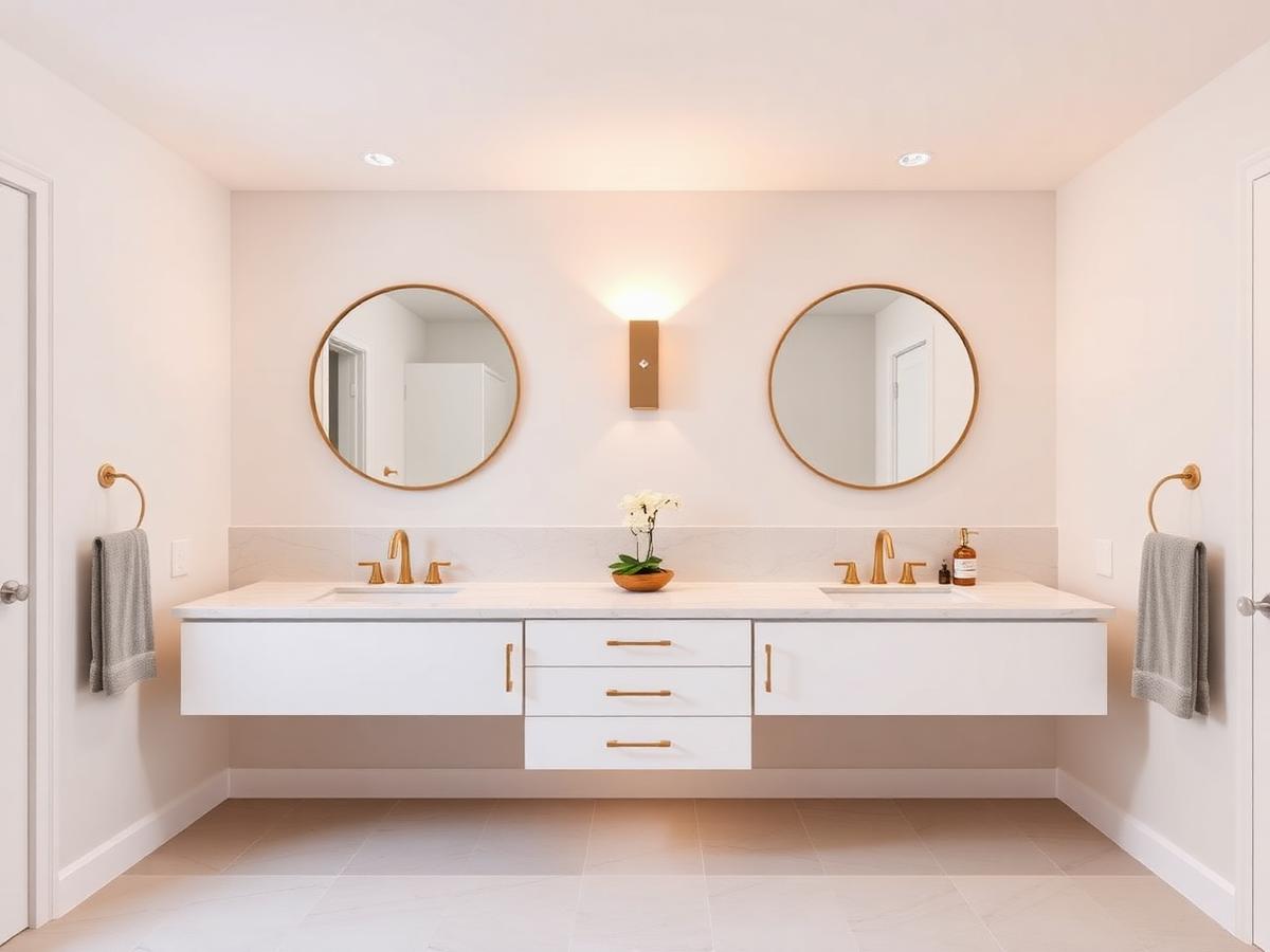 After: bright primary bathroom with a white floating double vanity, brass faucets, round mirrors and warm sconce