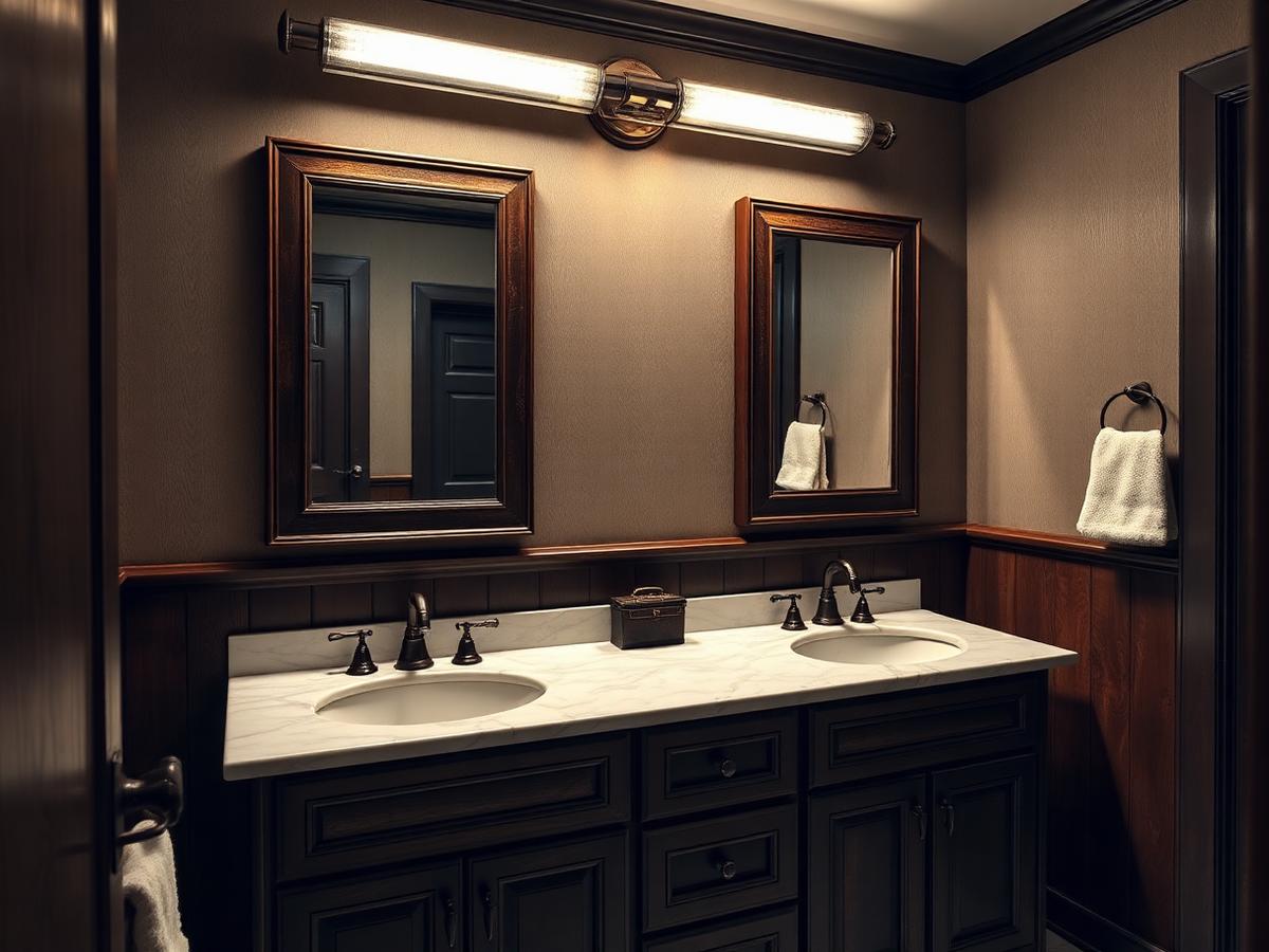 Before: dark primary bathroom with heavy wood cabinets, cultured marble double sink top and dim strip light