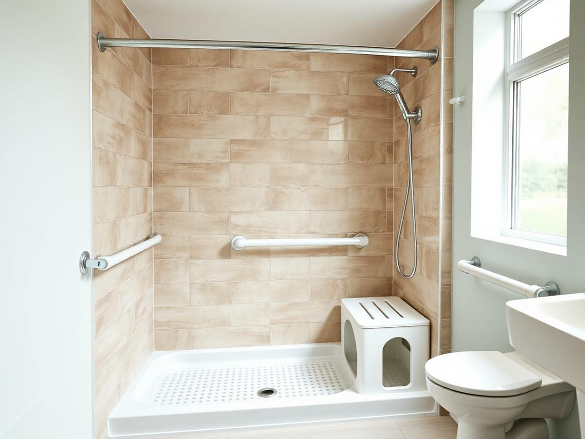After: accessible bathroom with a low-threshold shower pan, grab bars, bench seat and handheld shower head