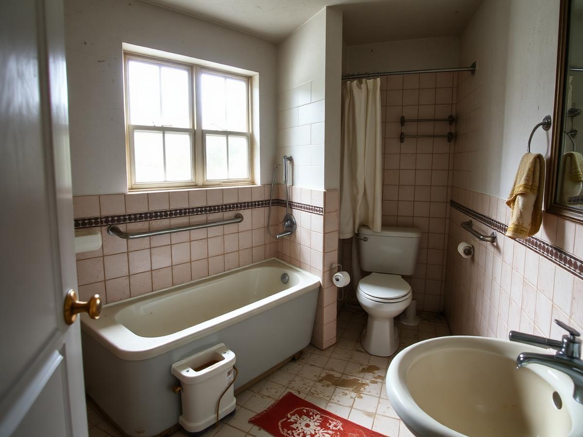 Before: aging bathroom with a high step-in tub, stained tile and no safe transfer support