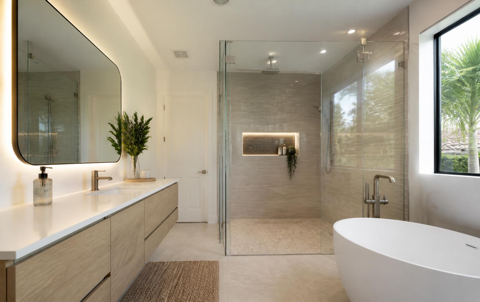 Remodeled Broward bathroom with a glass walk-in shower, warm tile walls, floating wood vanity and freestanding tub