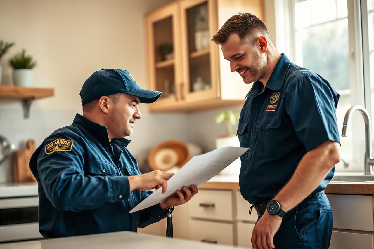 Illustration of a plumbing technician reviewing a repair plan with a homeowner in a kitchen
