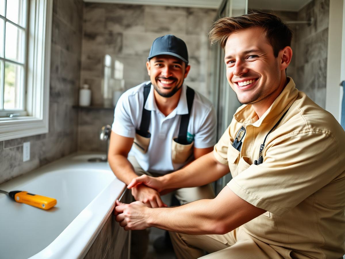 Two Dr. Handyman Service technicians fitting a new bathtub during a bathroom remodel